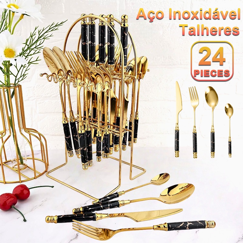 Talheres de aço inoxidável 24 pcs,textura cerâmica de mármore de imitação de alça com garfo e colher