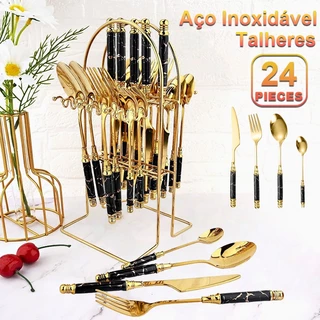 Talheres de aço inoxidável 24 pcs,textura cerâmica de mármore de imitação de alça com garfo e colher