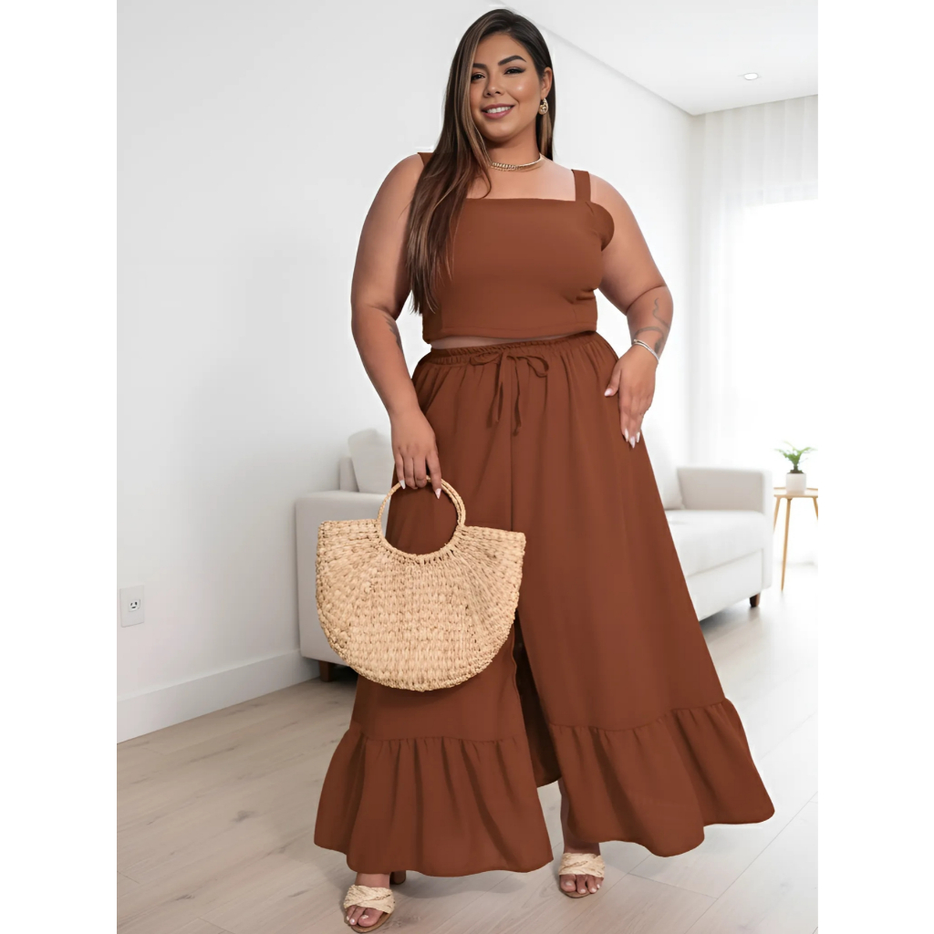 Conjunto Feminino Plus Size Saia Longa Fenda Tres Marias Blusa
