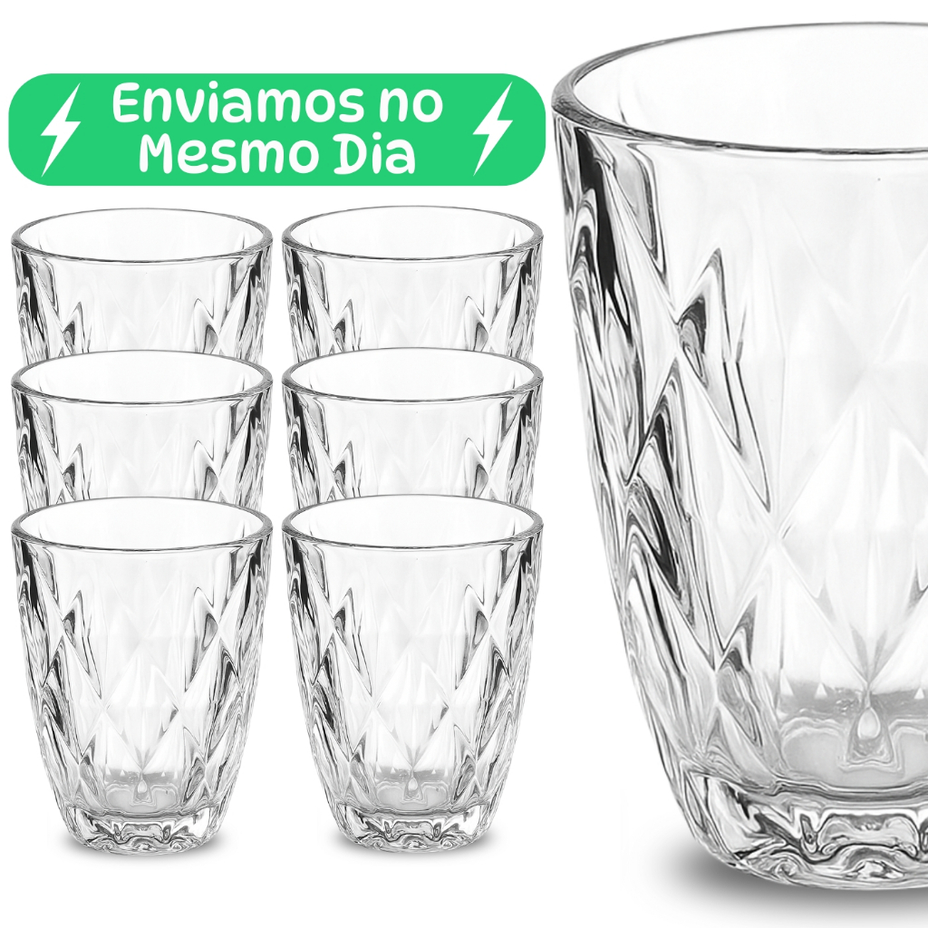 Jogo 6 Copos Baixos Diamond 300ml Vidro Grosso Diamante Luxo