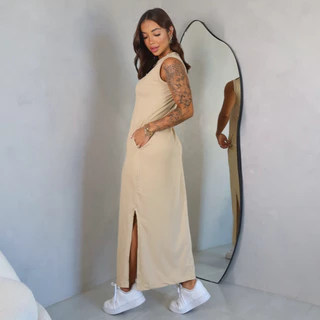 Vestidos Feminino Longo Com Bolso Fenda Cavado Soltinho Confortável Moda Blogueira em Oferta na Shopee
