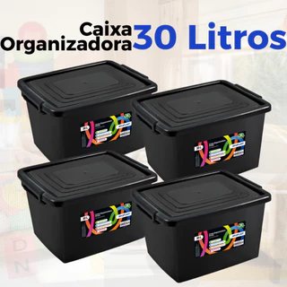 Kit Caixa 2 3 4 5 6 Organizadoras 30 Litros Com Tampa E Travas Preta Roupas Brinquedos