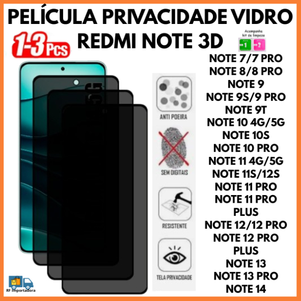 Película De Privacidade 3D Vidro Redmi Note 7 8 8PRO 9 9S PRO 9T 10 4G/5G PRO 11 4G/5G PRO PLUS 12 13 14 PRO PLUS