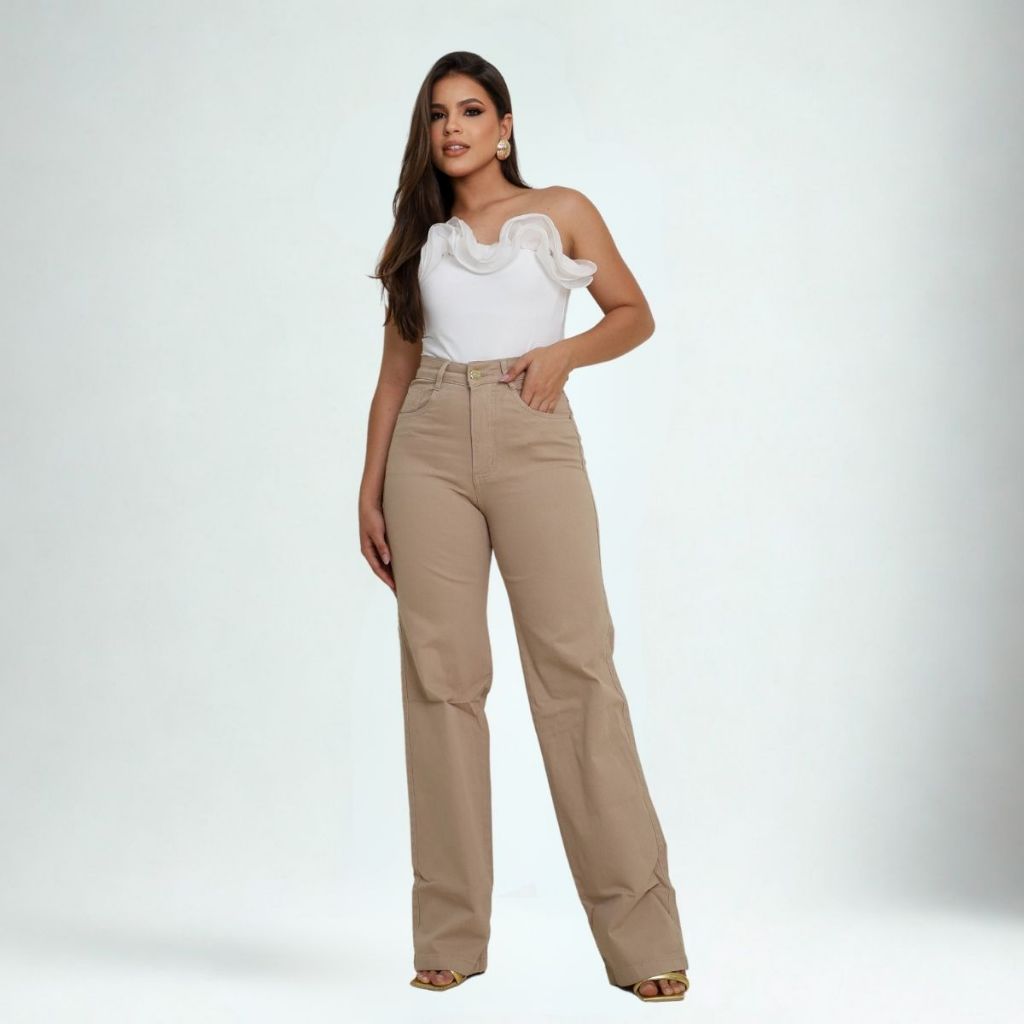 Calça Jeans Feminina Wide Leg Bege Claro Lycra Confortável | Shopee Brasil