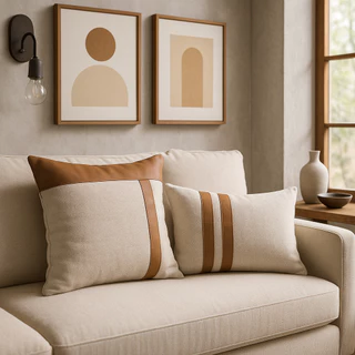 Kit 2 Capa de Almofada Decorativa Sofisticada Linho Bege Cinza Rustico Couro Caramelo Marrom Preto com Baguete Luxo