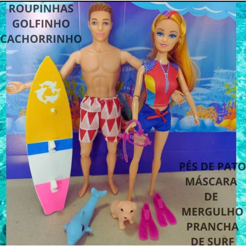 Boneca ken surfista casal com prancha de surf,cachorrinho, sapatos