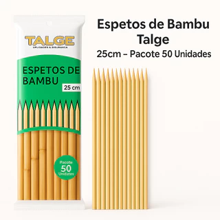 KIt 250 Espetos de Bambu Talge 25cm – Pacote 50 Unidades | Churrasco, Petiscos, Frutas, Legumes