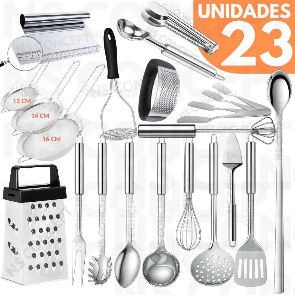 Kit 23 Utensílios De Cozinha Inox Premium Completo, Amassador, Espremedor Alho, Ralador, Concha, Escumadeira, Espátula