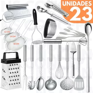 Kit 23 Utensílios De Cozinha Inox Premium Completo, Amassador, Espremedor Alho, Ralador, Concha, Escumadeira, Espátula
