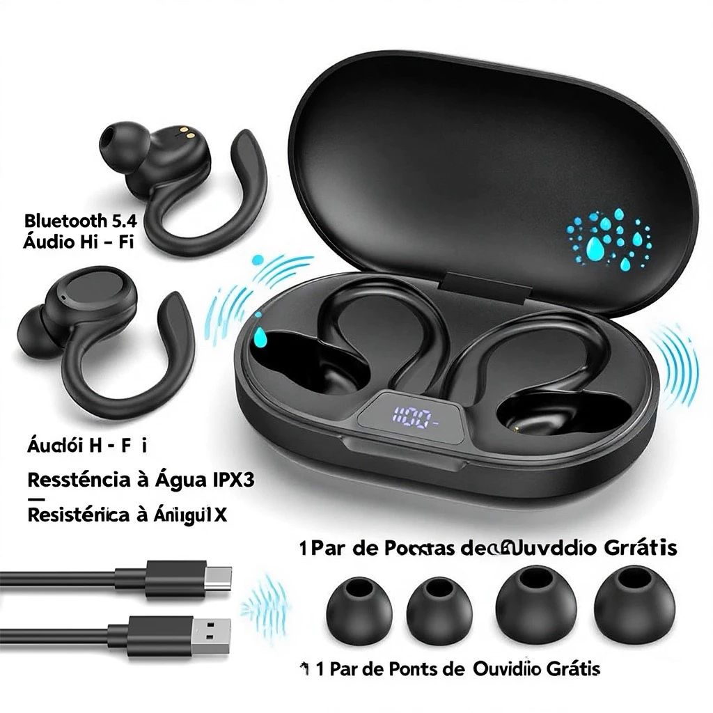 SP66 Fone de Ouvido Sem Fio Bluetooth Esportivo 15h de Bateria Gancho ...