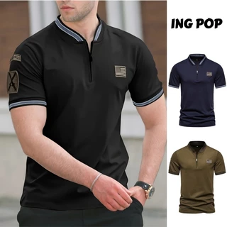 Estilo Elegante Camisa Respirável Masculina com Zíper Manga Curta com Gola Alta Casual & Esportiva