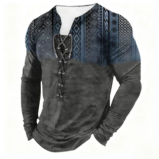 Camisa Henley De Manga Comprida Casual Inspirada Na Moda Vintage Para Homem Decote Redondo Cordão