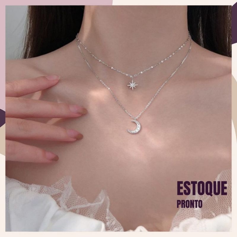 Colar Duplo Lua e Estrela Minimalista elegante feminino