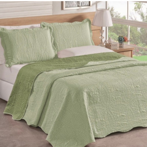 Imagem do produto Kit Colcha Cobre Leito Casal Dupla Face 3 Peças Estampada Porta Travesseiro 100% Poliéster VERDE