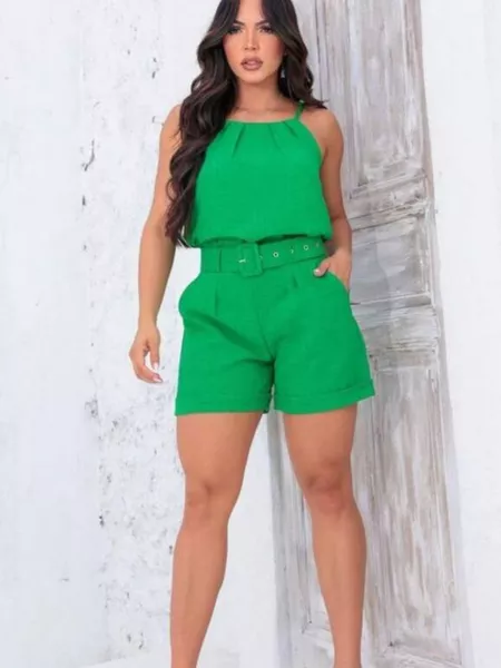 Conjunto feminino short e regata alça em linhão com cinto do mesmo tecido