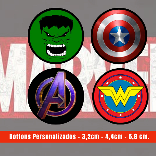 Bottons Pins Button MARVEL 3,2cm - 4,4cm - 5,8cm Broche Botom HERÓIS ...