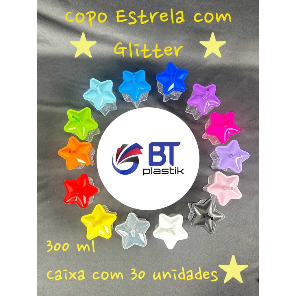 Copo Estrela com Glitter 300ml Caixa com 30 unidades Brilhante Para Festa Lembrancinha Aniversario Infantil