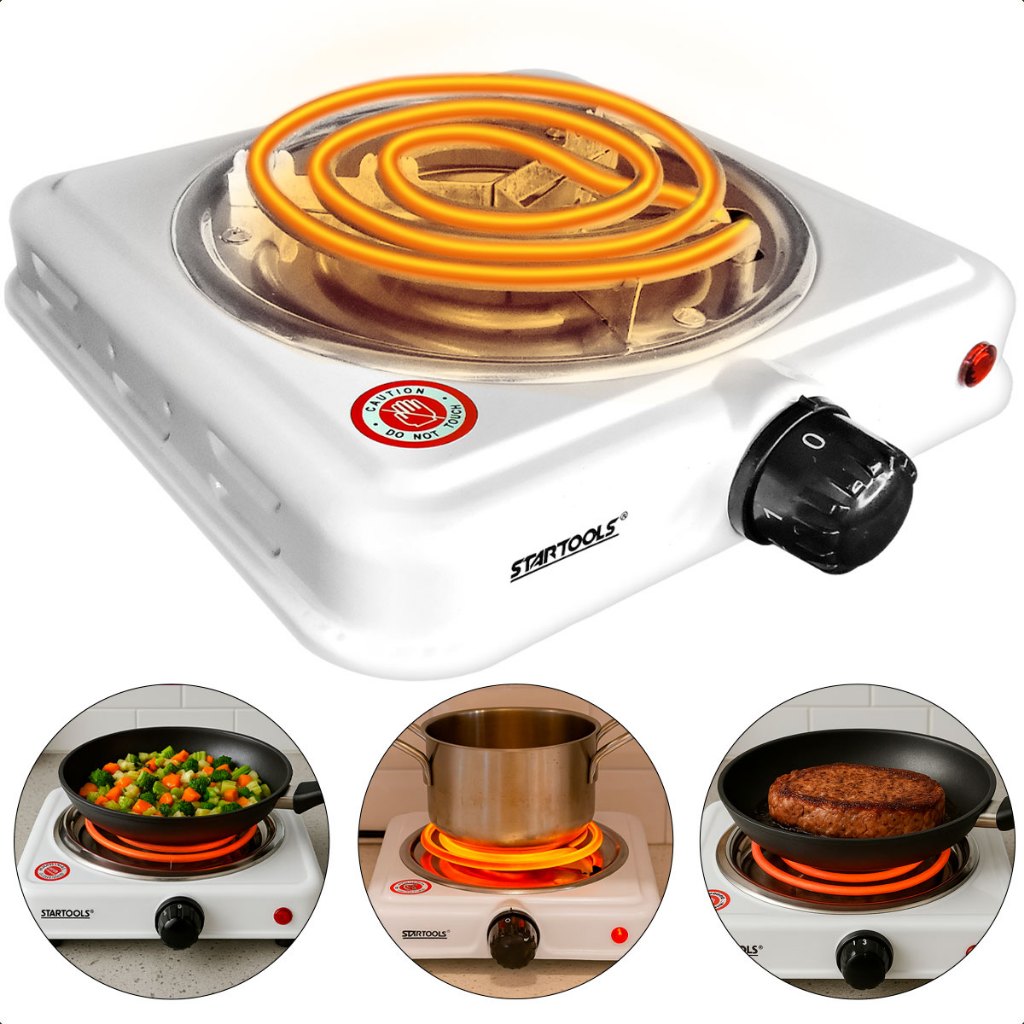 Fogão Elétrico Portátil 1 Boca 127V 1000W Grelha Para Casa e Camping Branco