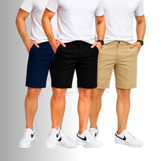Kit 3 Bermuda Sarja Masculina Premium Bege Preto Azul