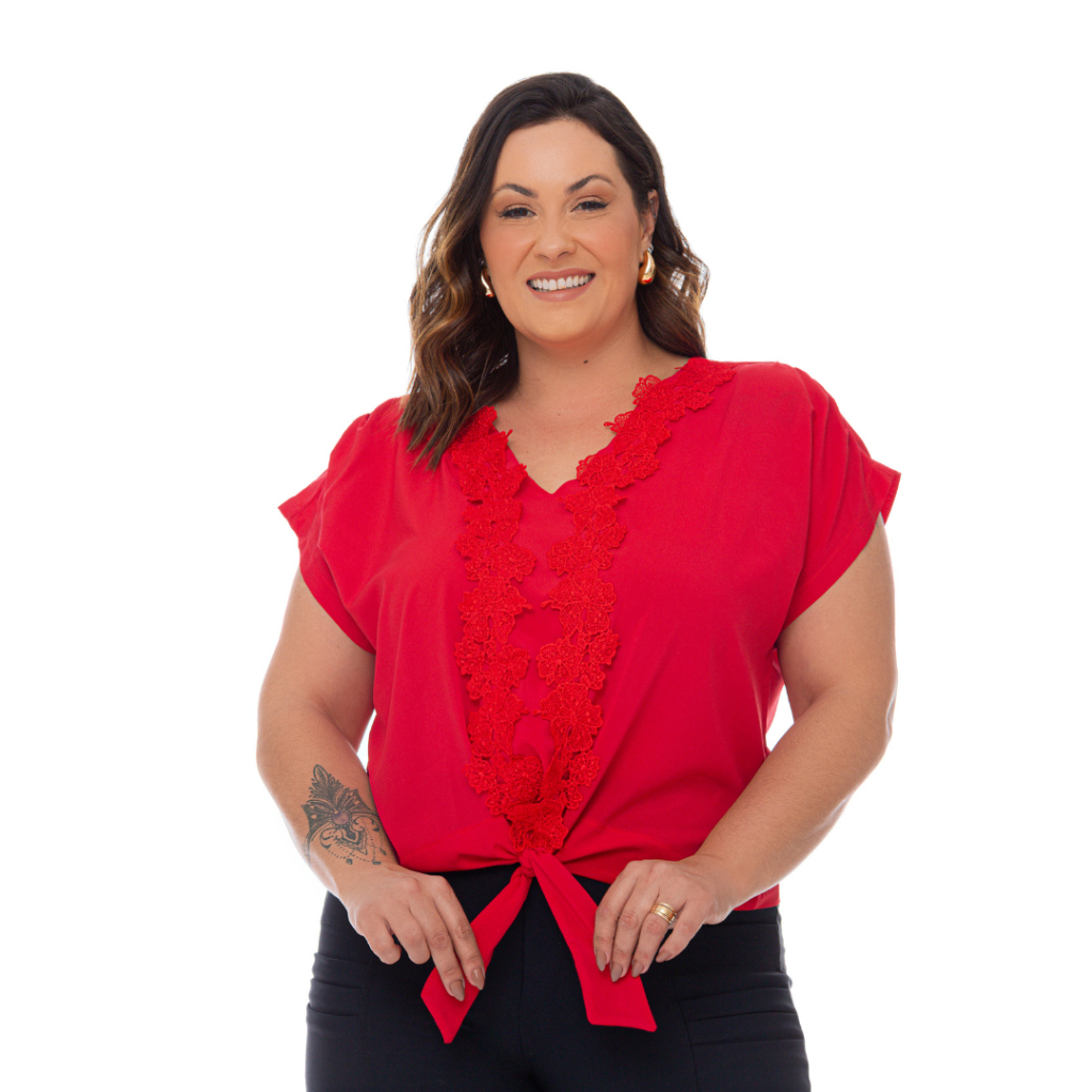 Blusa Plus Size Feminina Amarração e Renda Elegante Festa Bata Social ...
