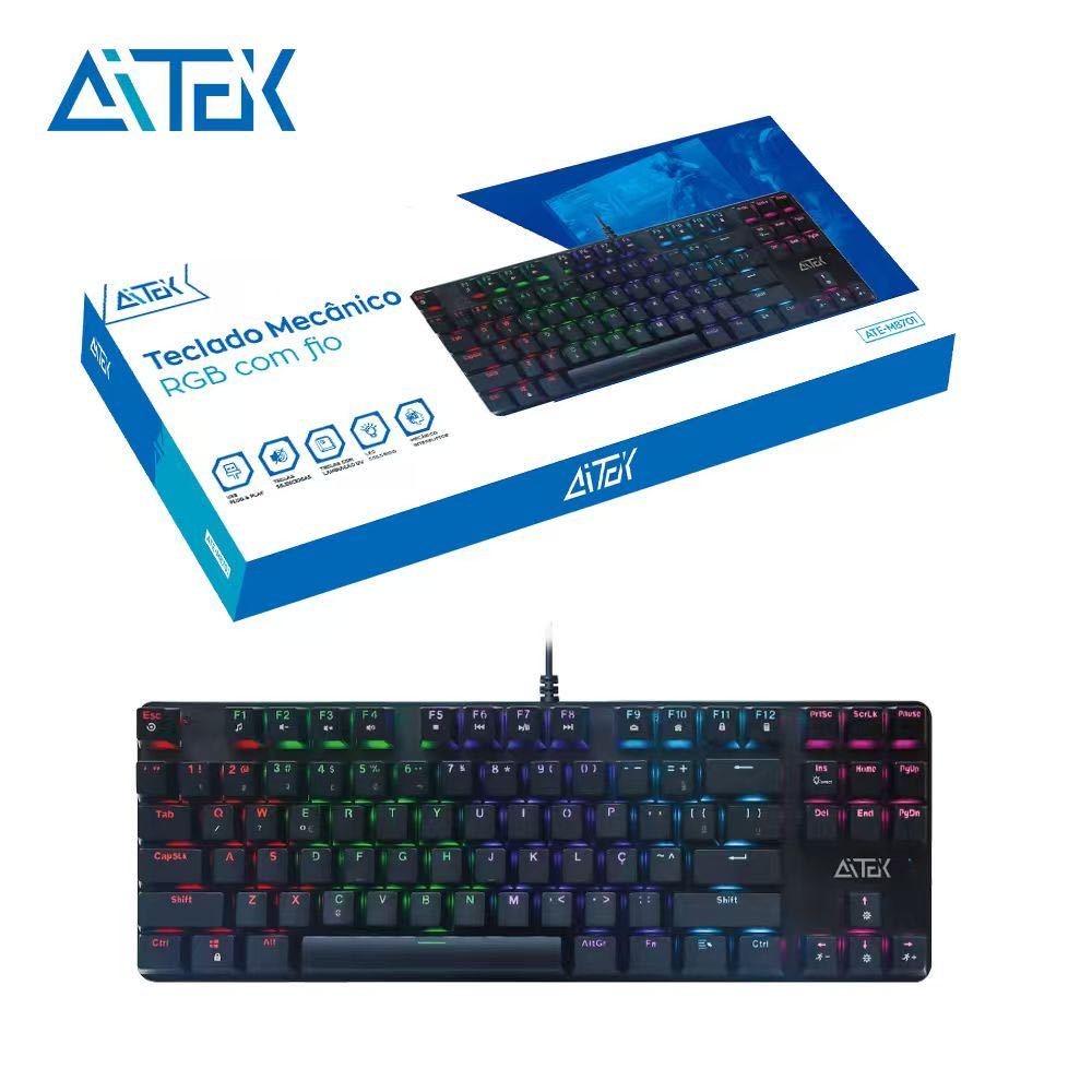 Teclado Gamer Mecânico USB Com Fio 75% ARGB Switch Blue 87 Teclas