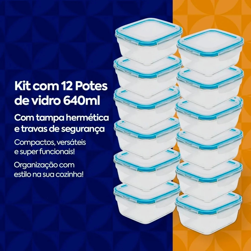 Conjunto 10 potes 640ml Vidro Hermético 4 Travas Marmita Fitness Tampa Vedação Microondas e Freezer
