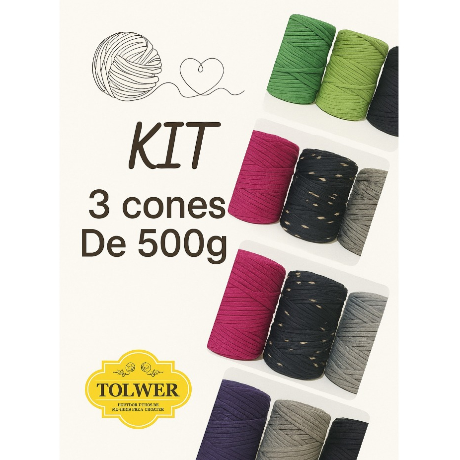 kit Linha para croche fio de malha Residual Contendo 3 Cones de 500g ...