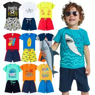 Kit Sortido 10 Peças de Roupas Infantil Menino- 5 Camisetas + 5 Bermudas - 5 Conjuntos Masculino