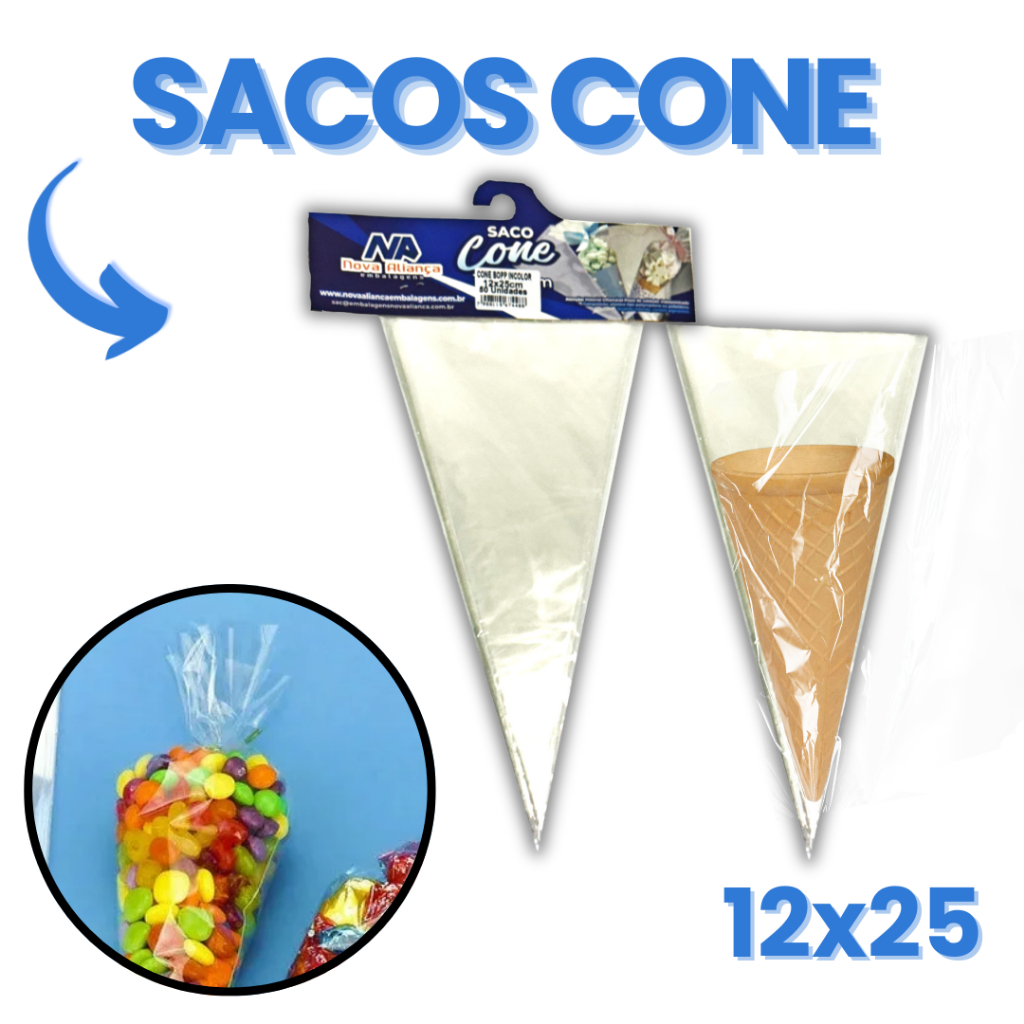 Sacos Cone Trufado de Plástico BOPP Transparente 12x25 400 500 e 1000 ...