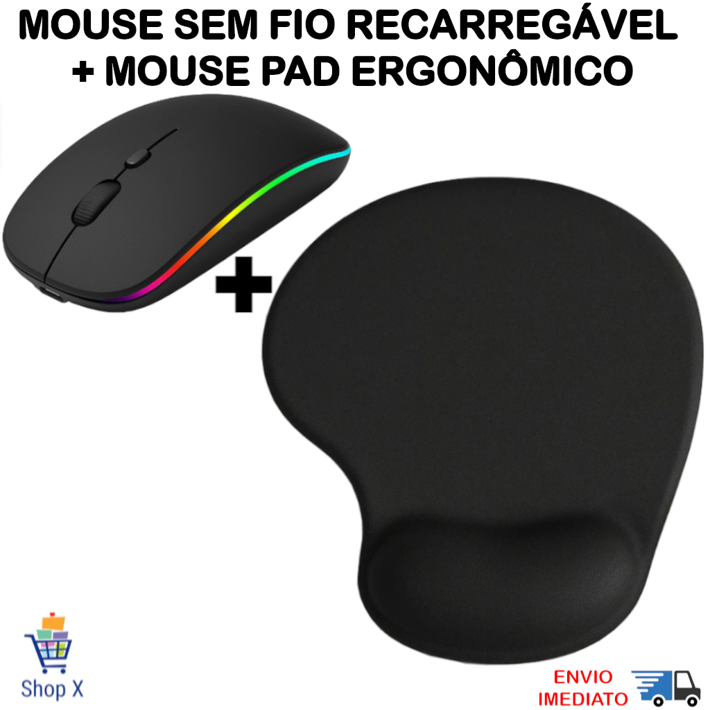 Kit Mouse Sem Fio Recarregável + Mousepad Ergonômico Com Apoio De Pulso ...