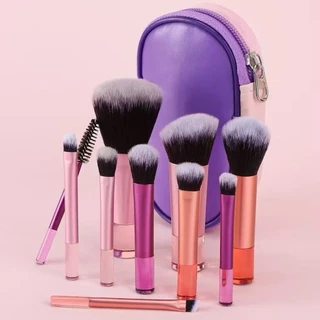 Conjunto de 10 pincéis de maquiagem portáteis multicoloridos com bolsa de armazenamento, incluindo pincel para blush