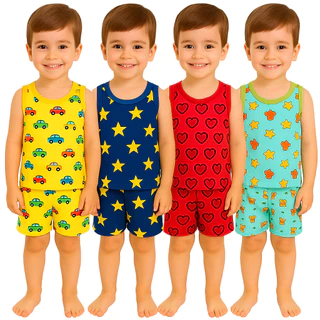 Kit 6 Peças Pijama Infantil Regata Masculino Sendo 3 Camisetas + 3 Bermudas 2 ao 8 Anos em Oferta na Shopee