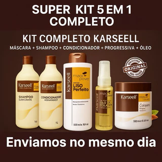 o Kit 5 em 1 karseell Máscara + Shampoo + Condicionador 1 l + Progressiva 500ml + óleo reparador 60ml