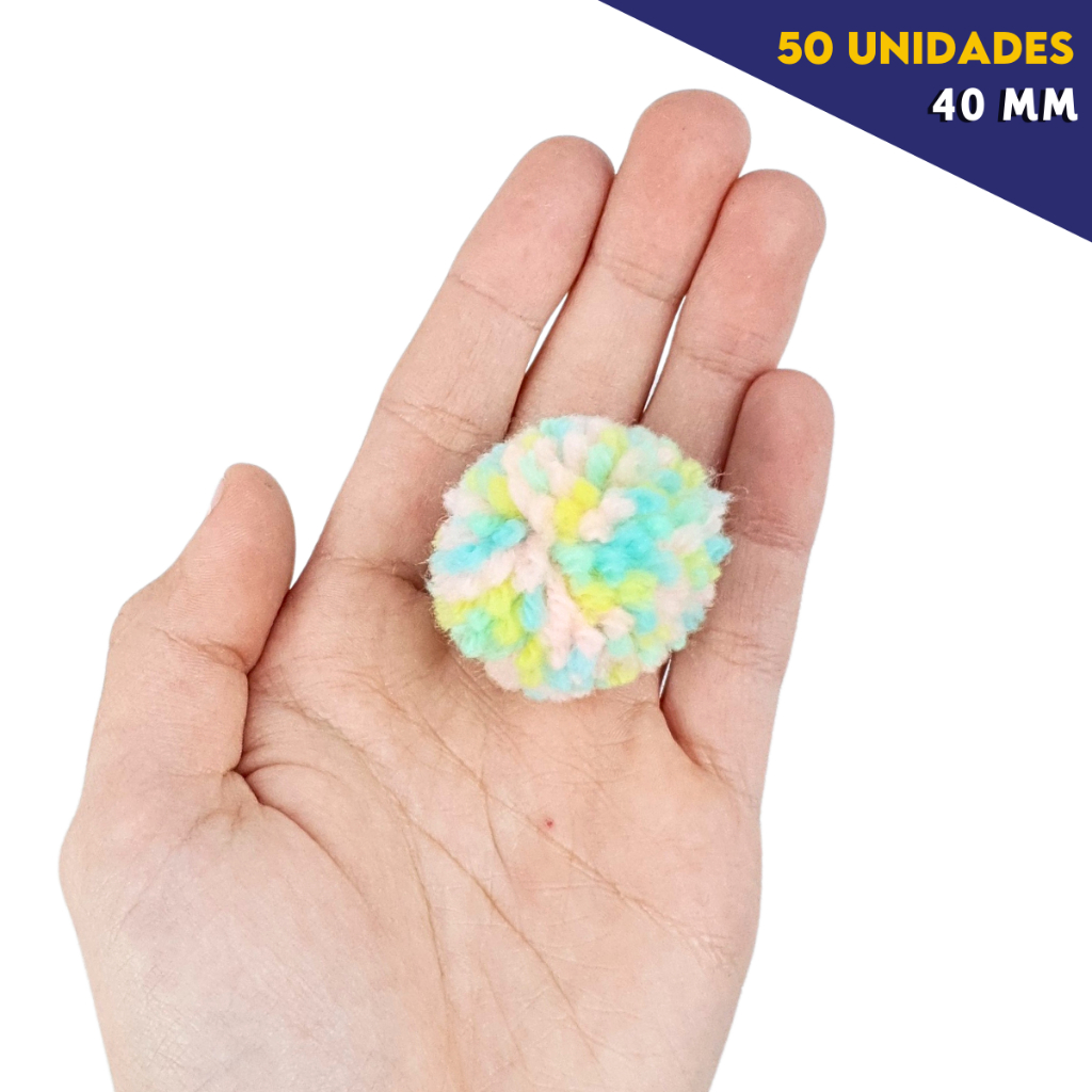 Pompom de Lã Colorido 40mm Com 50 Unidades Para Artesanato