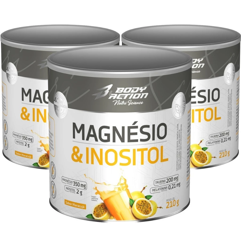 Kit 3x Magnésio e Inositol Taurina Melatonina 210g Bodyaction