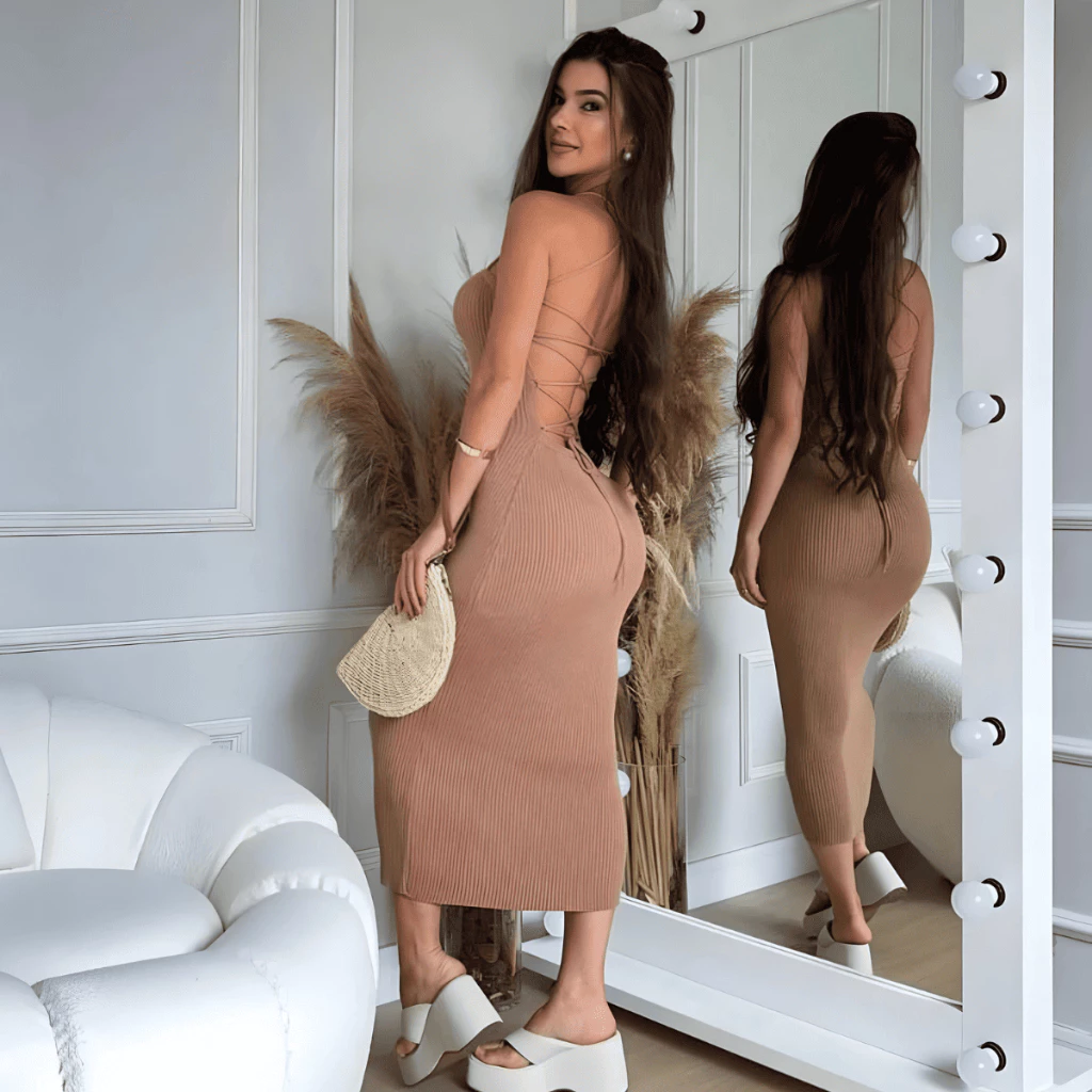 Vestido Midi Costas Trançadas Canelado Elegância e Versatilidade Moda Blogueira Verão