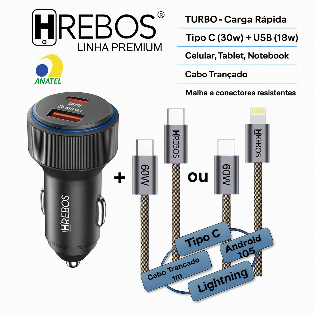 Carregador Veicular Turbo | Tipo C 30w | USB 18w | Android iOS iPhone Lightning NFe