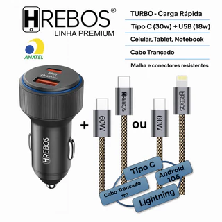 Carregador Veicular Turbo | Tipo C 30w | USB 18w | Android iOS iPhone Lightning NFe