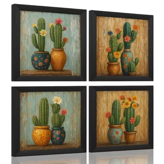 Kit 4 Quadros Decorativos Cactos, Flores, rústico 20x20 cm