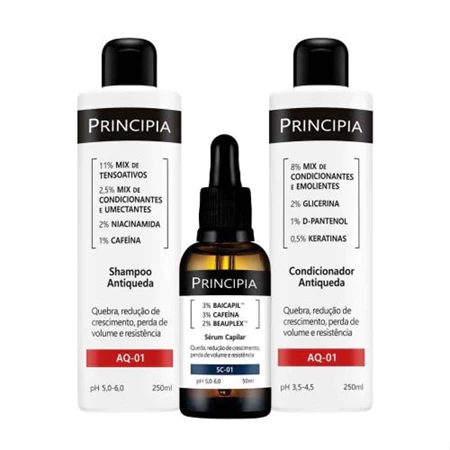 Kit completo Principia com shampoo, serum e condicionador alinhados