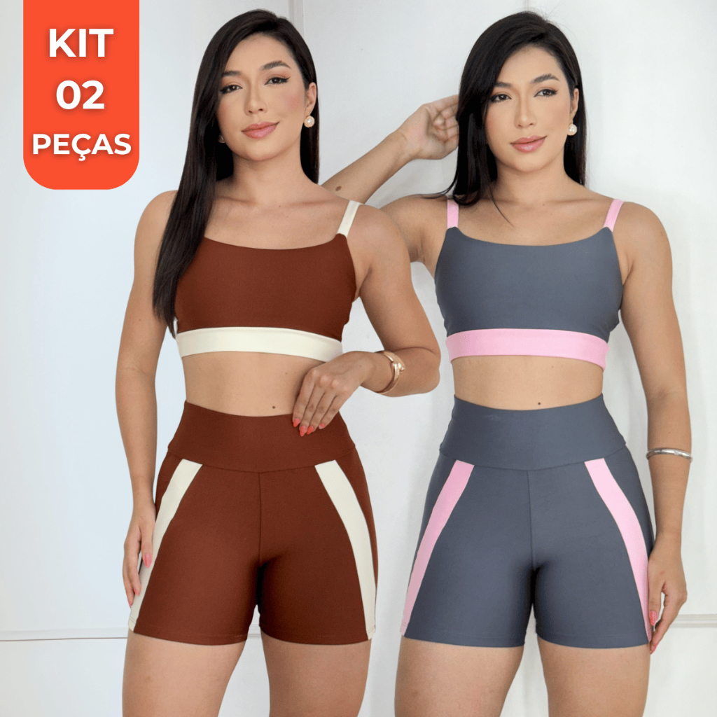 Kit 2 Conjunto Fitness Short + Top Bicolor Academia Fit Roupa Treino ...