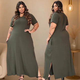 Vestido Longo Plus Size Feminino Liso Viscolycra Manga Curta Confortável Vestidos Evangélicos Plus em Oferta na Shopee