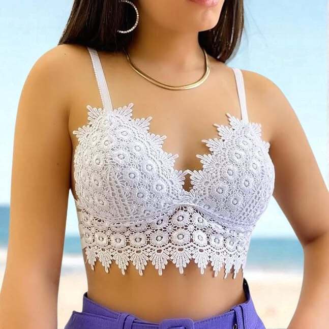 Top Cropped Bralette Feminino de Renda Guipura - Lançamento Verão