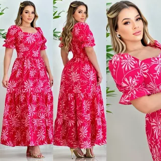 Vestido longo feminino 3 marias manga bufante luxo estampa floral com lastex nas costa em Oferta na Shopee