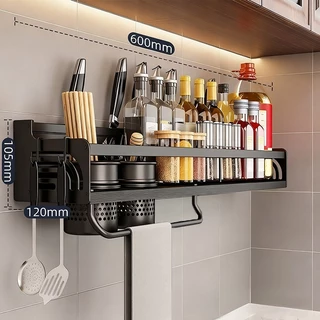 60 cm Prateleira Organizadora Multiuso Alumínio Cozinha Moderna Porta Tempero e Utensílios C/4 Porta-faca e 2 copos