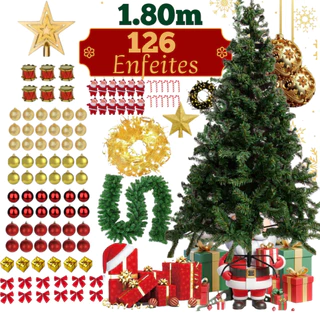 Kit Árvore de Natal VERDE 1.80m 400 Galhos + 126 Enfeites Enfeitada Decorada Cheia Pé de Ferro