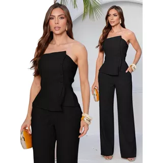 Conjunto Alfaiataria Longo Feminino Blusa Tomara que Caia e Calça Pantalona
