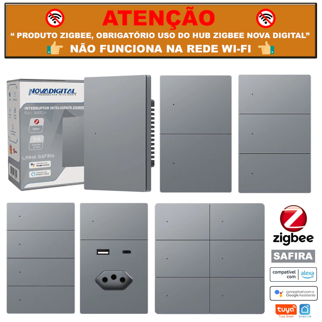 Interruptor Tecla Fisica 1 a 6 Botões Zigbee NovaDigital Grafite