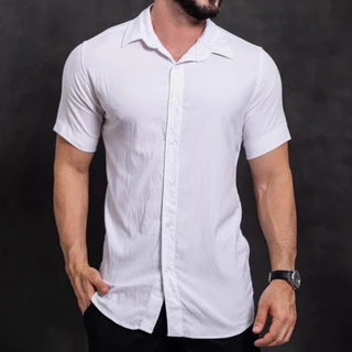 Camisa Masculina de linho slim premium Manga Curta Social casual Verão Frescas praia estilo mauricinho