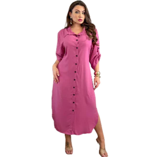 Vestido Chemise Longo Midi Manga 3/4 Viscolinho Botões Moda Evangélica Saída Praia estilosa 2025